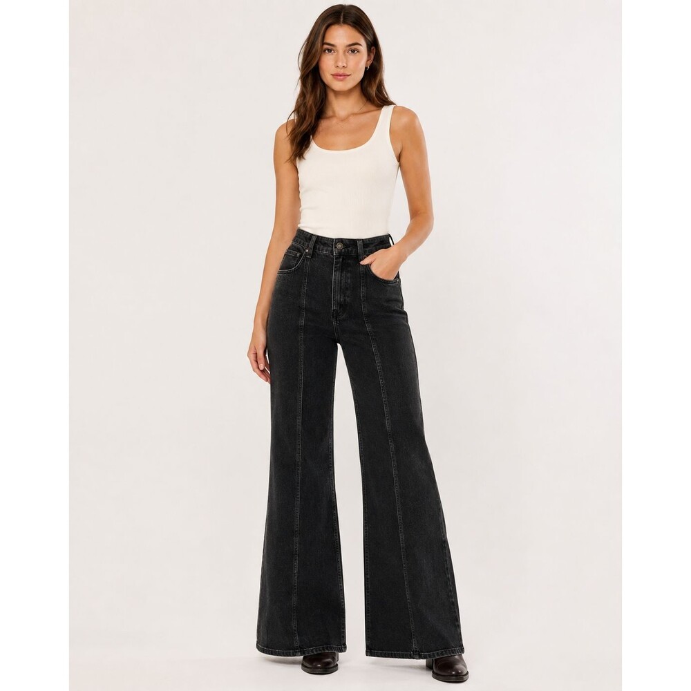 We The Free Free People Black Wide Leg Jeans Size 28 High Rise Seamed